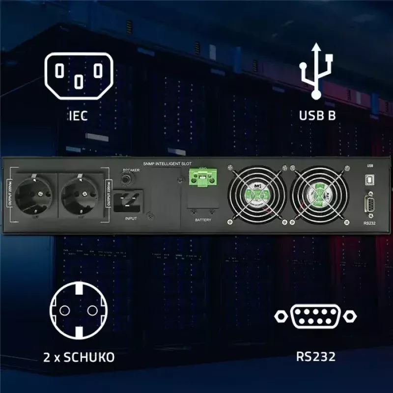 Rack-USV QOLTEC 52286 2 kVA (2000 W) Leistungsfaktor 1,0, rackmontierbar