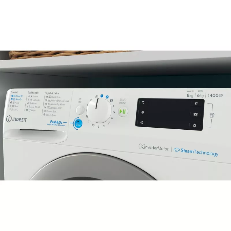 Waschtrockner Indesit BDE 86436 WSV EE — 6 kg, 1400 U/min, Weiß, 595×540×850 mm