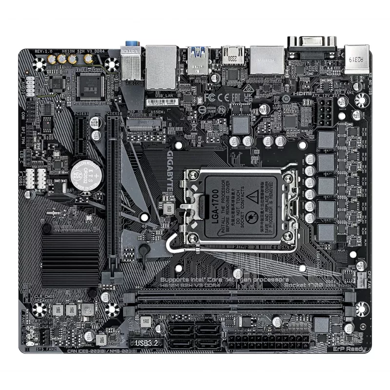 GIGABYTE H610M S2H V3 DDR4 Mainboard - Unterstützt Intel Core 14. Gen. CPUs, 4+1+1 Hybrid Digital VRM, bis zu 3200 MHz DDR4, 1x PCIe 3.0 M.2, GbE LAN, USB 3.2 Gen 1