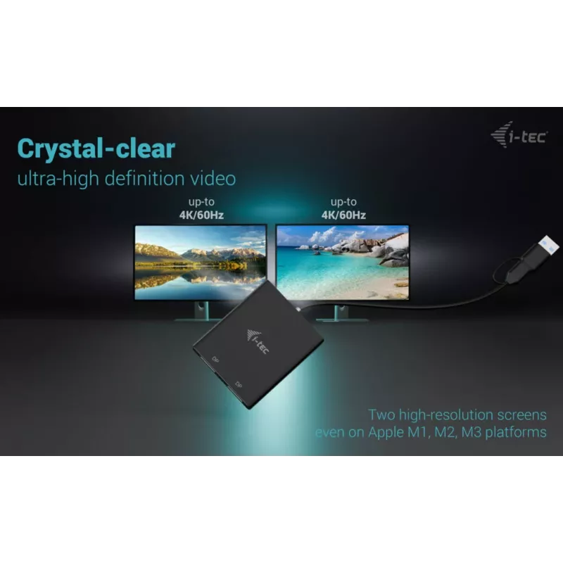 i-tec USB-A/USB-C Dual 4K/60 Hz DisplayPort Video Adapter, 0,27 m, USB Typ-A/USB Typ-C, 2 x DisplayPort, Stecker, Buchse, 3840 x 2160 Pixel