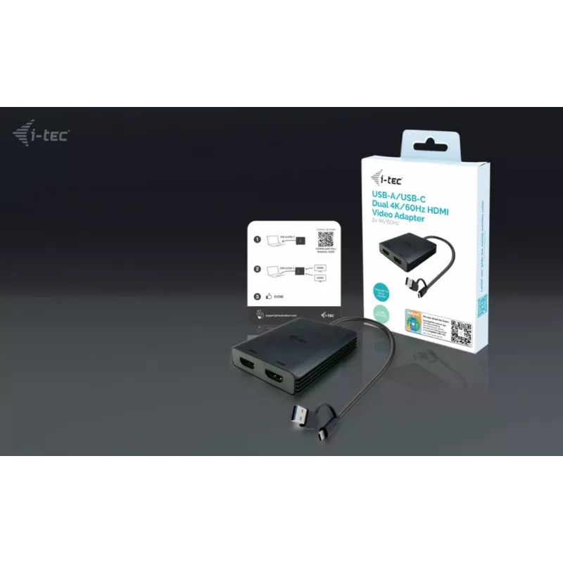 i-tec USB-A/USB-C Dual 4K/60 Hz HDMI Video Adapter, 0,27 m, USB Typ-A/USB Typ-C, 2 x HDMI, Stecker, Buchse, 3840 x 2160 Pixel