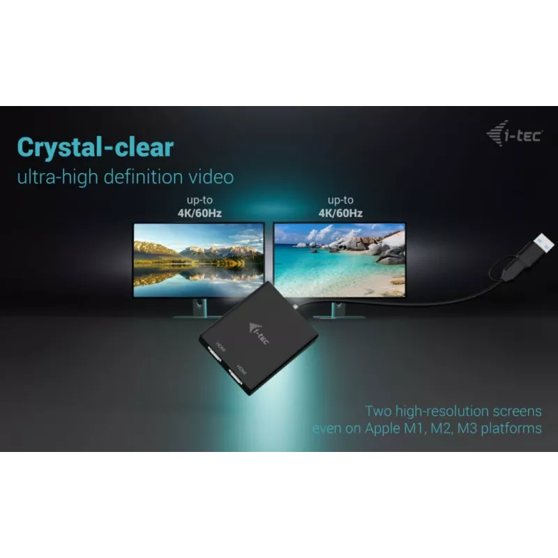i-tec USB-A/USB-C Dual 4K/60 Hz HDMI Video Adapter, 0,27 m, USB Typ-A/USB Typ-C, 2 x HDMI, Stecker, Buchse, 3840 x 2160 Pixel