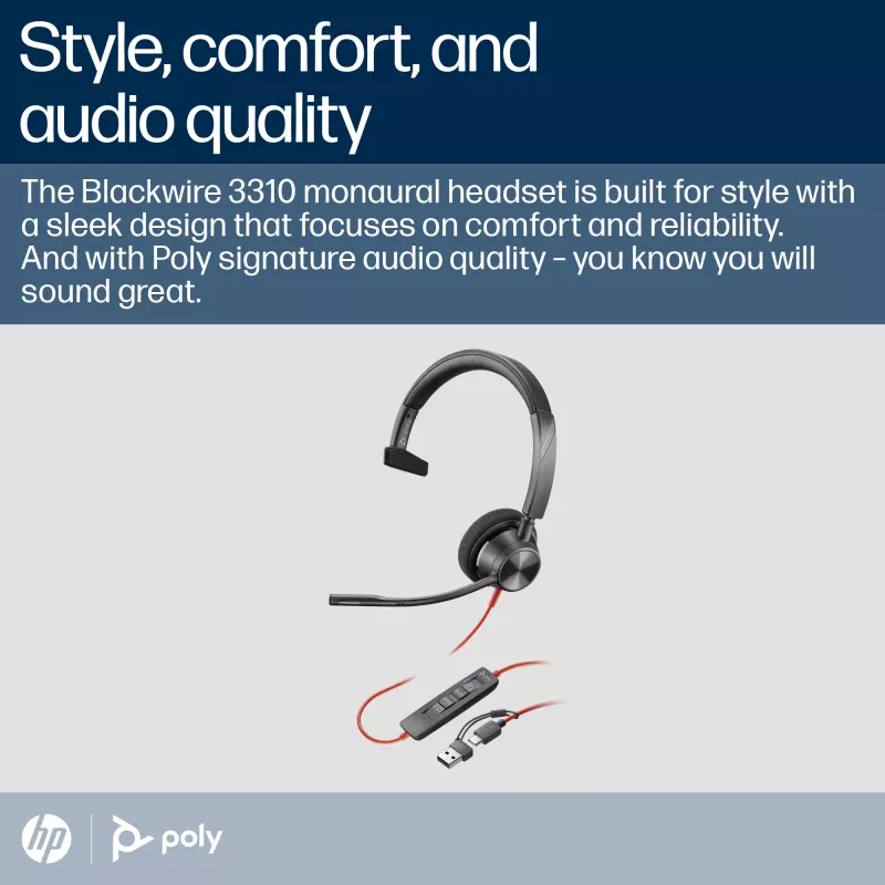 HP Poly Schwarzwire 3310 monaurales Microsoft Teams zertifiziertes USB-C Headset + USB-C/A Adapter