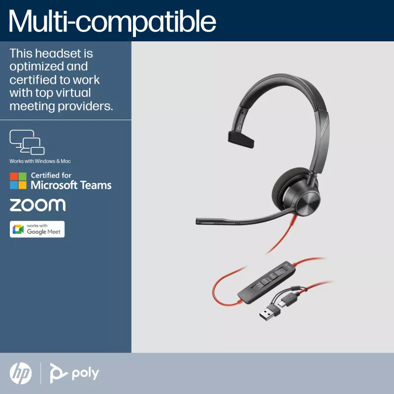 HP Poly Schwarzwire 3310 monaurales Microsoft Teams zertifiziertes USB-C Headset + USB-C/A Adapter