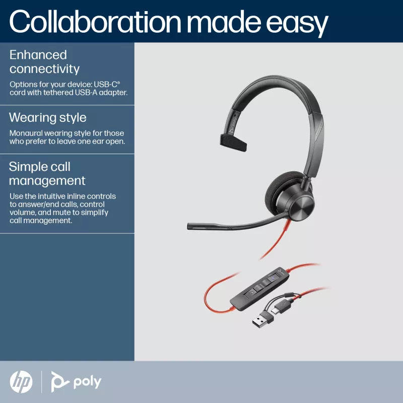 HP Poly Schwarzwire 3310 monaurales Microsoft Teams zertifiziertes USB-C Headset + USB-C/A Adapter