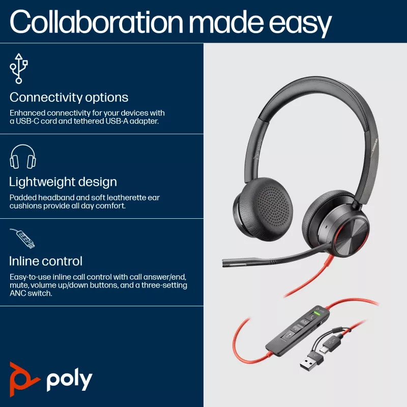 HP Poly Schwarzwire 8225 Stereo USB-C Headset +USB-C/A Adapter