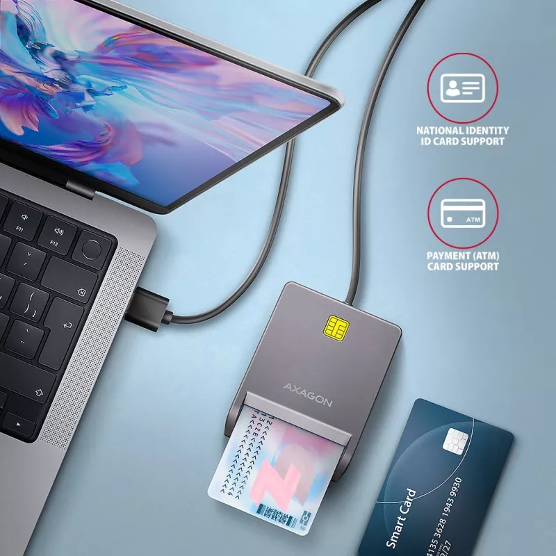 Axagon CRE-SM3T USB-A Smart-/ID-Kartenleser, flach, USB 2.0, 1,3 m, Schwarz, 56 g