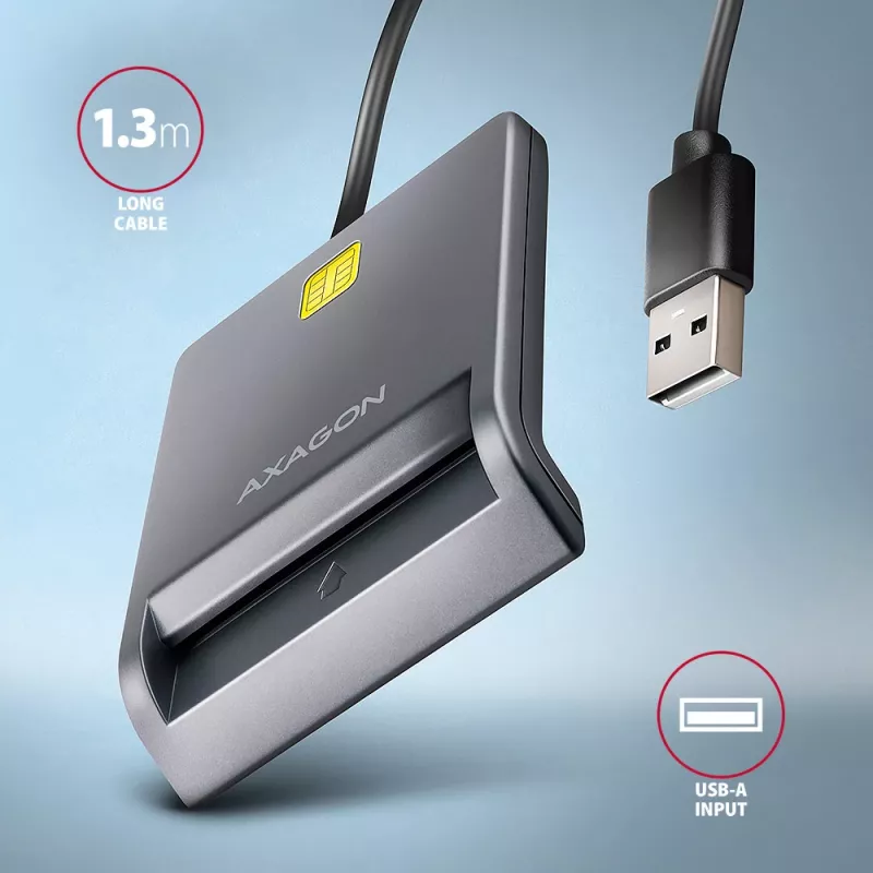 Axagon CRE-SM3T USB-A Smart-/ID-Kartenleser, flach, USB 2.0, 1,3 m, Schwarz, 56 g