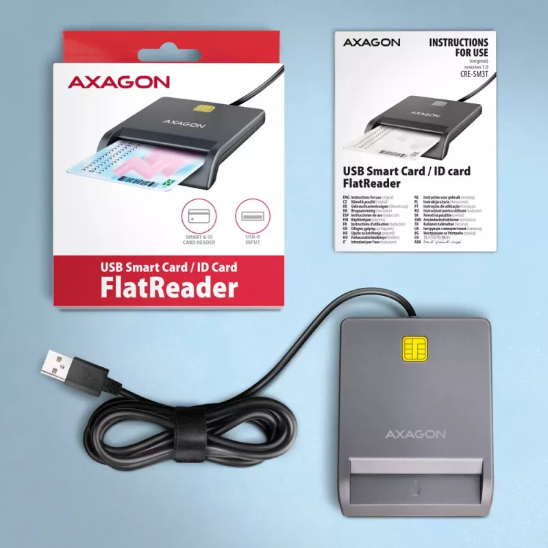 Axagon CRE-SM3T USB-A Smart-/ID-Kartenleser, flach, USB 2.0, 1,3 m, Schwarz, 56 g