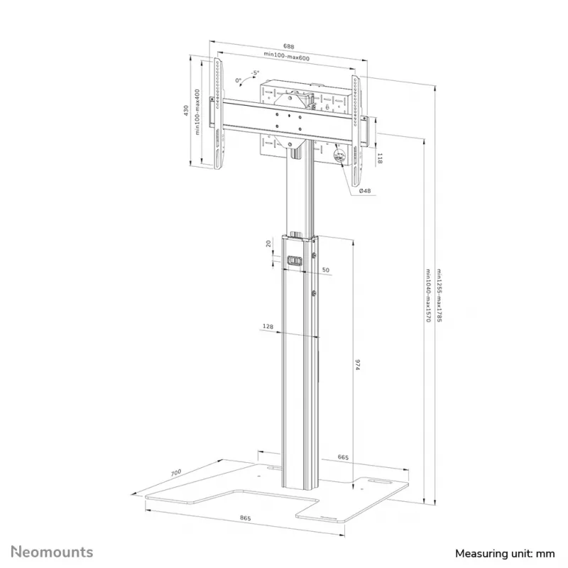 Neomounts FL45S-825BL1 TV-Bodenständer 37-75 Zoll – TÜV, 70 kg, 94 cm (37 Zoll), 190,5 cm (75 Zoll), 100 x 100 mm, 600 x 400 mm, 1040–1570 mm