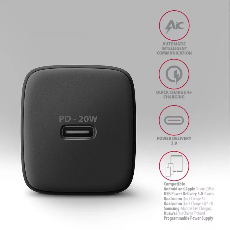 Wandladegerät Axagon ACU-PD20 1x QC3.0/AFC/FCP/PD Typ-C 20W Schwarz