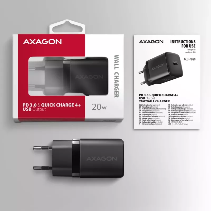 Wandladegerät Axagon ACU-PD20 1x QC3.0/AFC/FCP/PD Typ-C 20W Schwarz