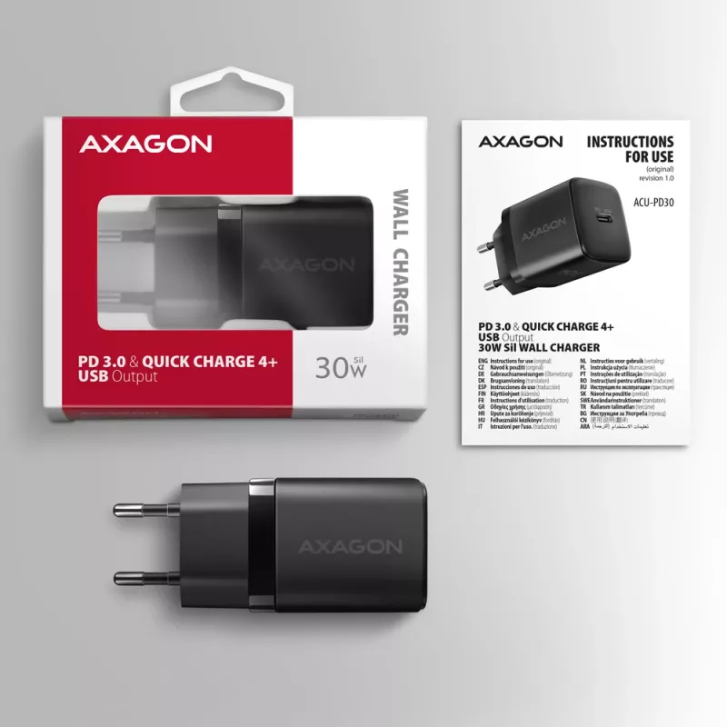 Axagon ACU-PD30 PD3.0 & QC4+ 1x AUSGANG Wandladegerät 30W, Innenbereich, AC, Schwarz
