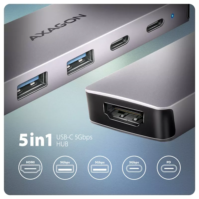 Axagon HMC-5H60 USB 5Gbps Hub, 2x USB-A, 1x USB-C, HDMI 4k/60Hz, PD 100W, USB-C-Kabel