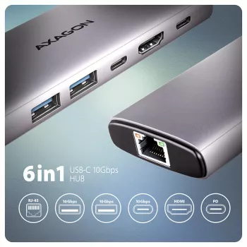 Axagon HMC-6G2L USB 10Gbps Hub, 2x USB-A, 1x USB-C, HDMI 4k/60Hz, RJ-45, PD 100W