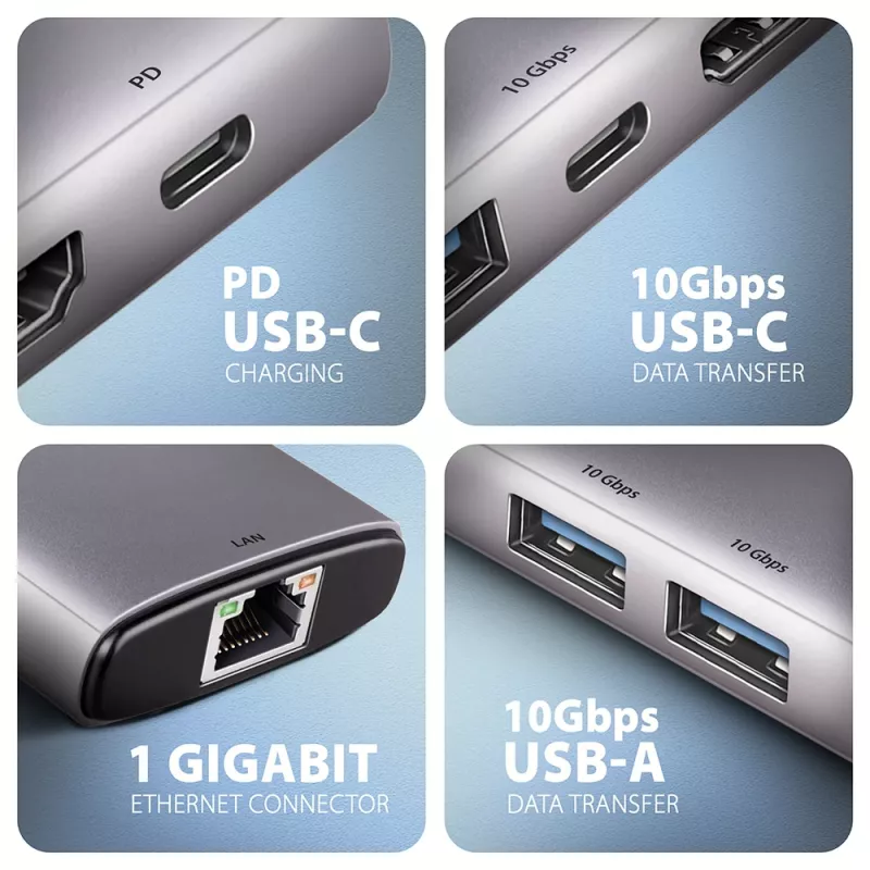 Axagon HMC-6G2L USB 10Gbps Hub, 2x USB-A, 1x USB-C, HDMI 4k/60Hz, RJ-45, PD 100W