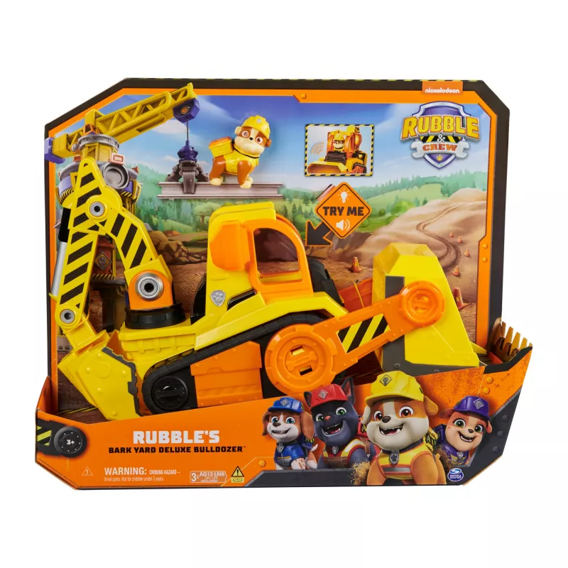 Rubble & Crew, Bark Yard Deluxe Bulldozer Baufahrzeug-Spielzeug mit Lichtern, Geräuschen & Rubble-Actionfigur, Kinderspielzeug für Jungen und Mädchen ab 3 Jahren
