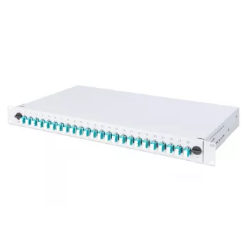 DIGITUS LWL-Spleißbox mit Schiebedeckel, 1U, bestückt mit 24x LC Duplex, inkl. M 25-Verschraubung, Spleißkassette OM3 farbige Pigtails, Adapter