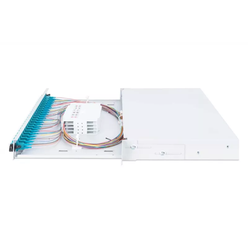 DIGITUS LWL-Spleißbox mit Schiebedeckel, 1U, bestückt mit 24x LC Duplex, inkl. M 25-Verschraubung, Spleißkassette OM3 farbige Pigtails, Adapter