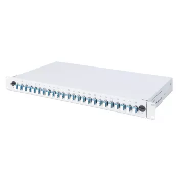 DIGITUS Glasfaser-Schiebespleißbox, 1U, bestückt mit 24x LC Duplex, inkl. M25-Schraube, Spleißkassette Singlemode OS2, farbige Pigtails