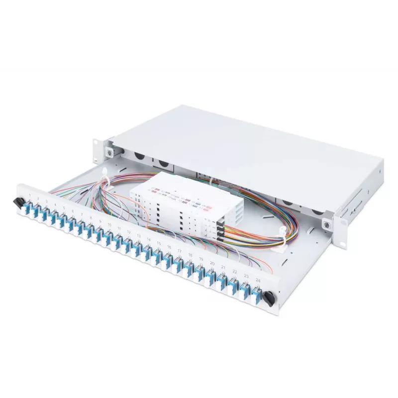 DIGITUS Glasfaser-Schiebespleißbox, 1U, bestückt mit 24x LC Duplex, inkl. M25-Schraube, Spleißkassette Singlemode OS2, farbige Pigtails
