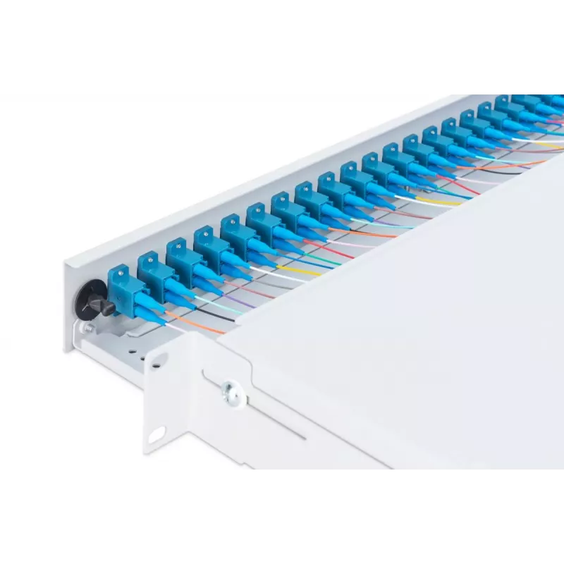 DIGITUS Glasfaser-Schiebespleißbox, 1U, bestückt mit 24x LC Duplex, inkl. M25-Schraube, Spleißkassette Singlemode OS2, farbige Pigtails