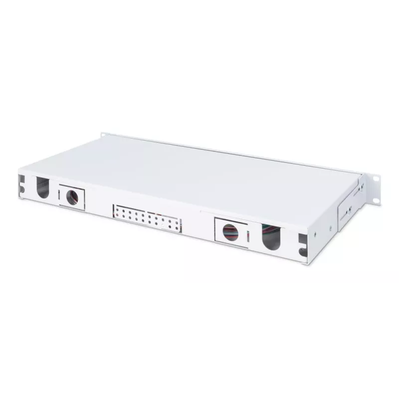 DIGITUS Glasfaser-Schiebespleißbox, 1U, bestückt mit 24x LC Duplex, inkl. M25-Schraube, Spleißkassette Singlemode OS2, farbige Pigtails