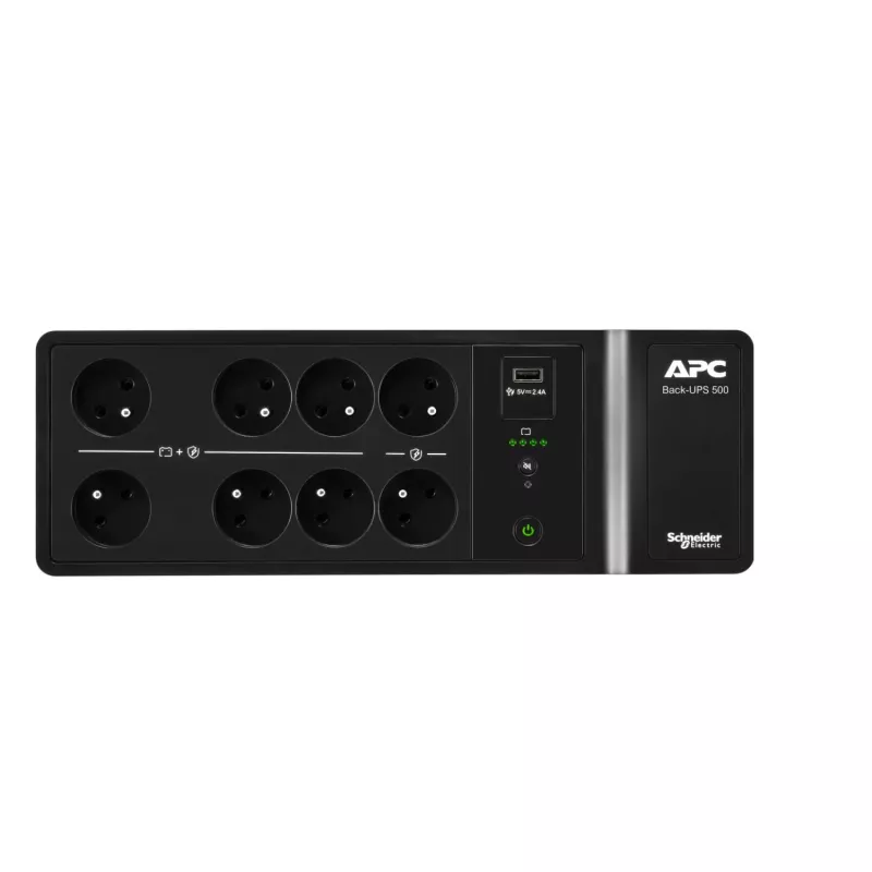 APC Back-UPS, 500VA/300W Boden-/Wandmontage, 230V, 8x französische/belgische Steckdosen, USB-Typ-A-Anschluss, benutzerwechselbare Batterie