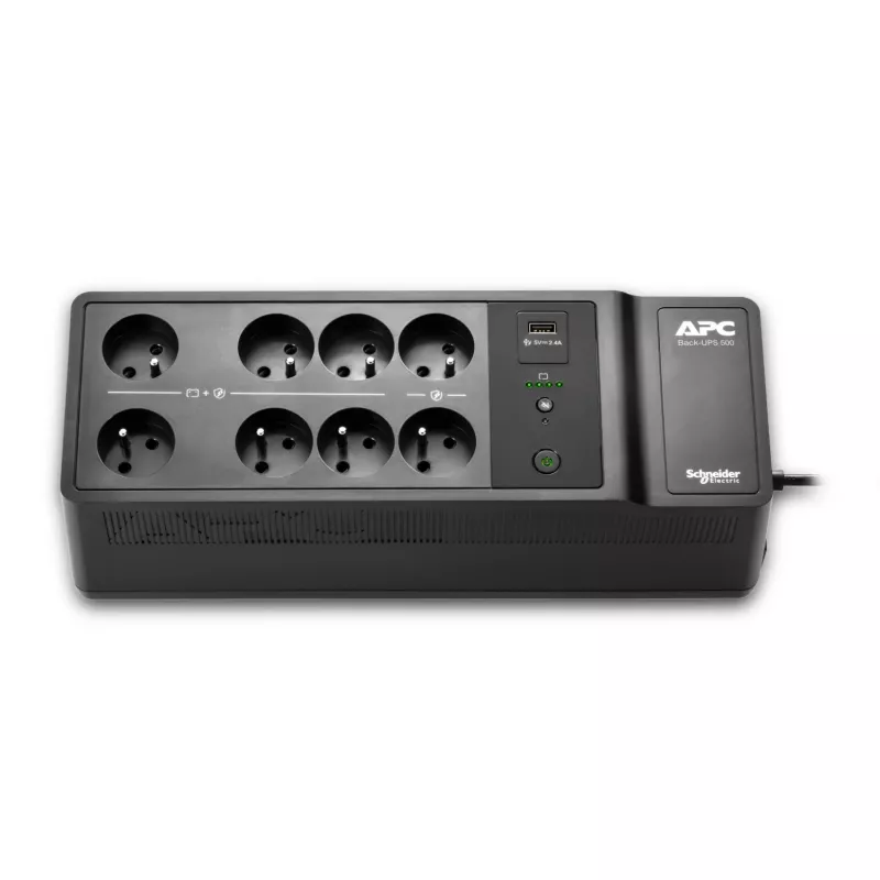APC Back-UPS, 500VA/300W Boden-/Wandmontage, 230V, 8x französische/belgische Steckdosen, USB-Typ-A-Anschluss, benutzerwechselbare Batterie