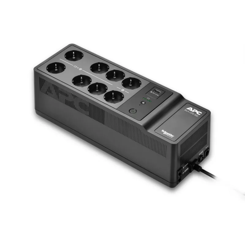 APC Back-UPS, 500VA/300W Boden-/Wandmontage, 230V, 8x CEE 7/3 Schuko-Steckdosen, USB-Typ-A-Anschluss, benutzeraustauschbare Batterie