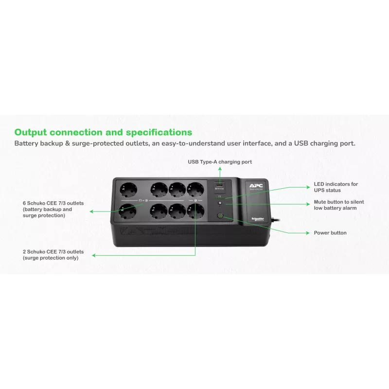 APC Back-UPS, 500VA/300W Boden-/Wandmontage, 230V, 8x CEE 7/3 Schuko-Steckdosen, USB-Typ-A-Anschluss, benutzeraustauschbare Batterie