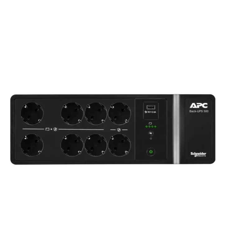 APC Back-UPS, 500VA/300W Boden-/Wandmontage, 230V, 8x CEE 7/3 Schuko-Steckdosen, USB-Typ-A-Anschluss, benutzeraustauschbare Batterie