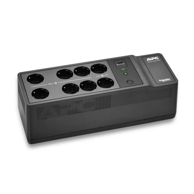 APC Back-UPS, 500VA/300W Boden-/Wandmontage, 230V, 8x CEE 7/3 Schuko-Steckdosen, USB-Typ-A-Anschluss, benutzeraustauschbare Batterie