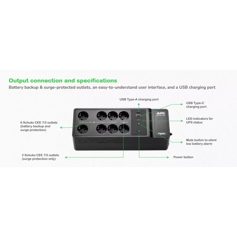 APC Back-UPS, 1050VA/600W Boden-/Wandmontage, 230V, 8x Schuko CEE 7/3 Steckdosen, USB Typ A+C Anschluss, Austauschbare Batterie