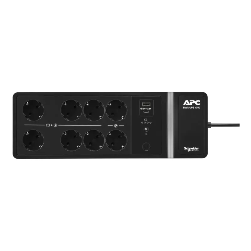 APC Back-UPS, 1050VA/600W Boden-/Wandmontage, 230V, 8x Schuko CEE 7/3 Steckdosen, USB Typ A+C Anschluss, Austauschbare Batterie
