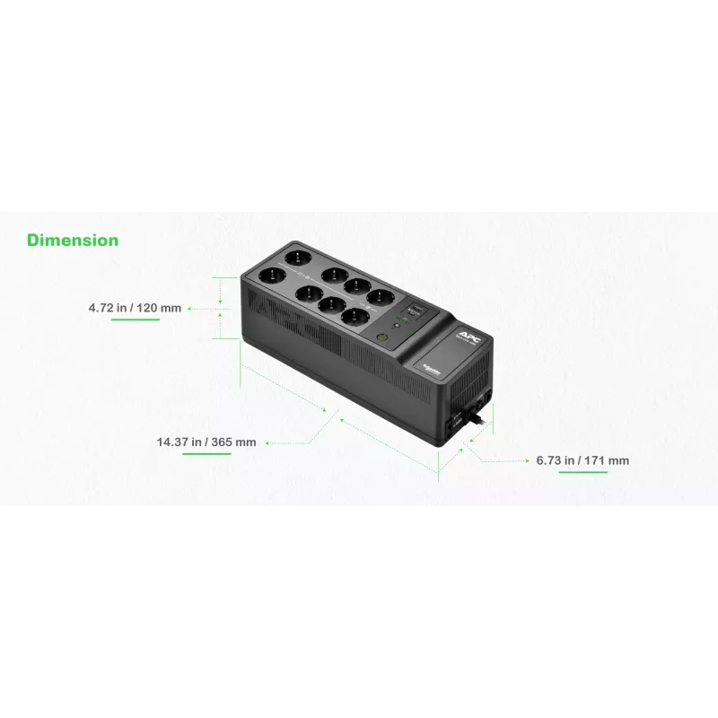 APC Back-UPS, 1050VA/600W Boden-/Wandmontage, 230V, 8x Schuko CEE 7/3 Steckdosen, USB Typ A+C Anschluss, Austauschbare Batterie