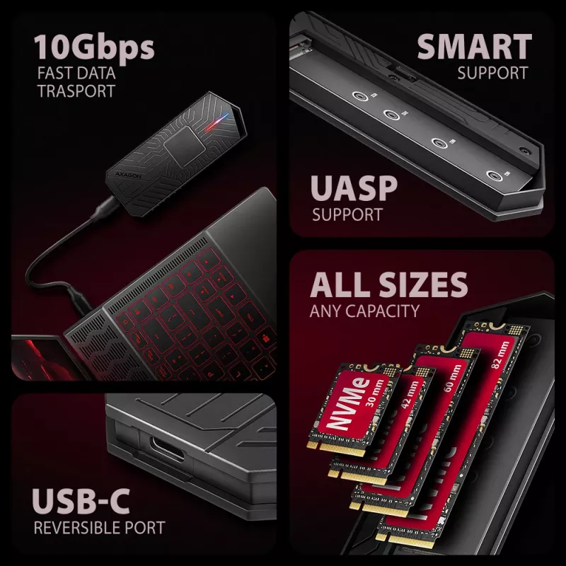 Axagon EEM2-GAM externes USB-C 10Gbps Metallgehäuse für M.2 NVMe & SATA SSDs. Schraubenlos