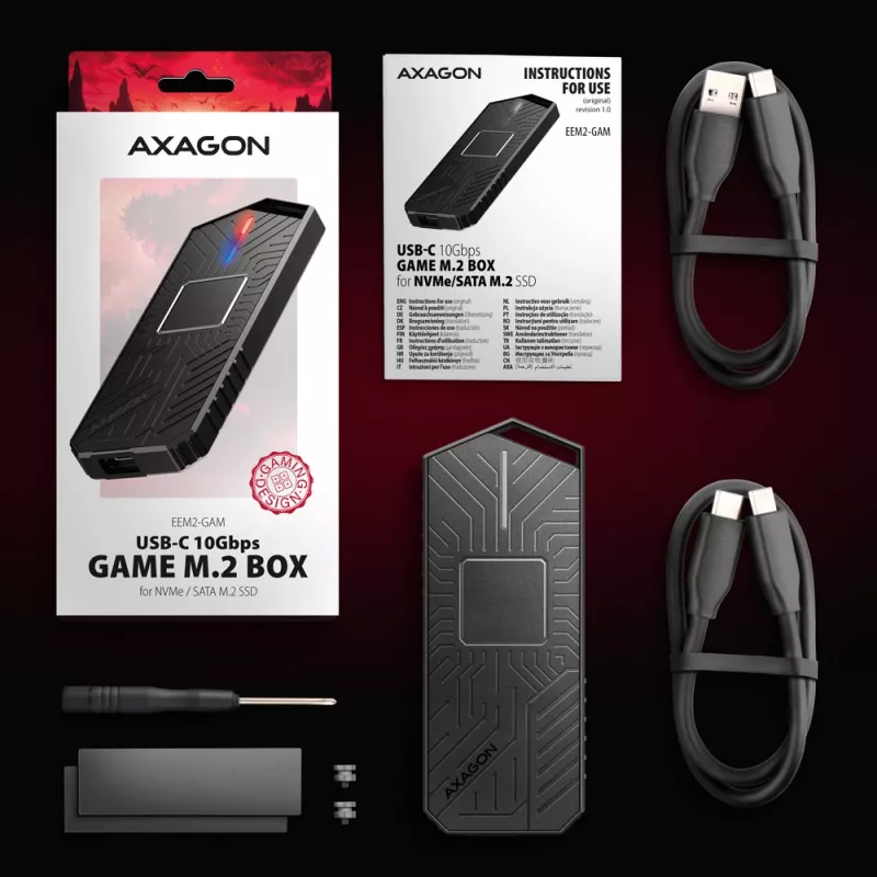 Axagon EEM2-GAM externes USB-C 10Gbps Metallgehäuse für M.2 NVMe & SATA SSDs. Schraubenlos