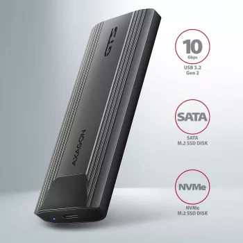 Axagon EEM2-GTS2 Externes USB-C 10-Gbit/s-Metallgehäuse für M.2 NVMe & SATA SSD-Laufwerke. Schraubenlos