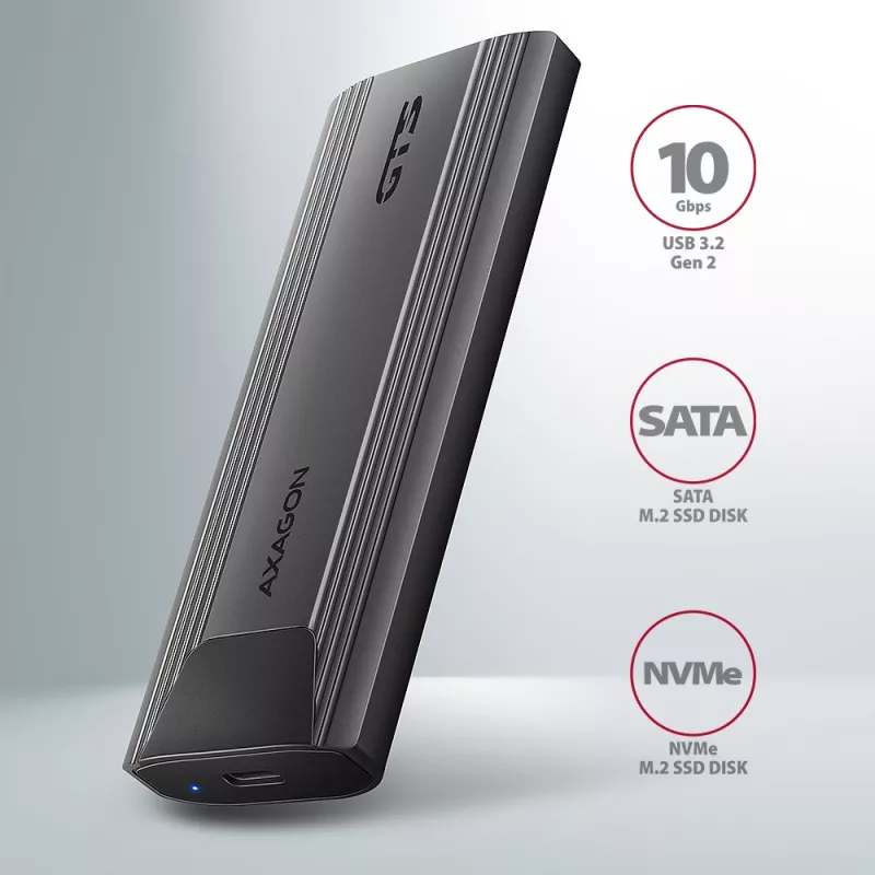 Axagon EEM2-GTS2 Externes USB-C 10-Gbit/s-Metallgehäuse für M.2 NVMe & SATA SSD-Laufwerke. Schraubenlos