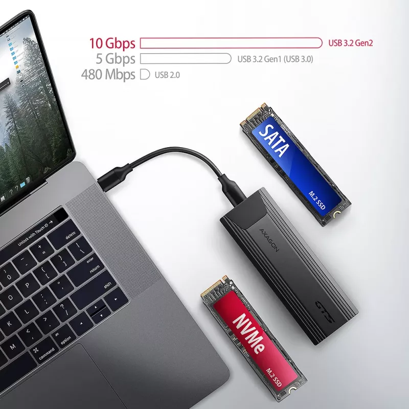 Axagon EEM2-GTS2 Externes USB-C 10-Gbit/s-Metallgehäuse für M.2 NVMe & SATA SSD-Laufwerke. Schraubenlos