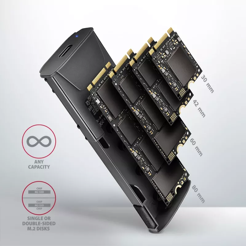 Axagon EEM2-GTS2 Externes USB-C 10-Gbit/s-Metallgehäuse für M.2 NVMe & SATA SSD-Laufwerke. Schraubenlos