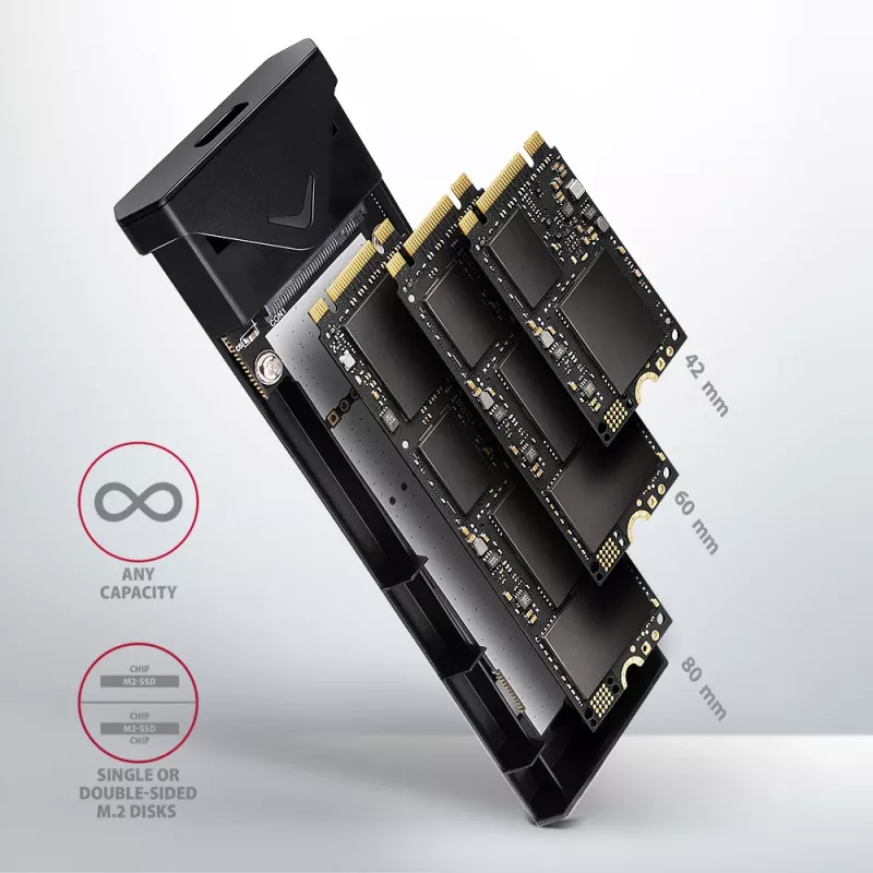 Axagon EEM2-UB2 Externes USB-C 10Gbps Metallgehäuse für M.2 NVMe SSD-Laufwerke. Schwarz