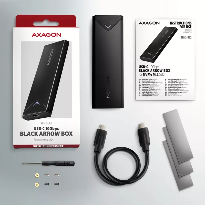 Axagon EEM2-UB2 Externes USB-C 10Gbps Metallgehäuse für M.2 NVMe SSD-Laufwerke. Schwarz