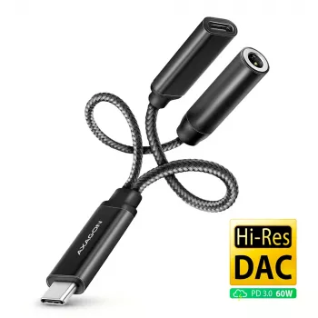 Axagon ADA-HCPD USB-C auf 3,5-mm-Klinke – Hi-Res-DAC-Audioadapter, 384 kHz/32 Bit, PD 60 W 3 A