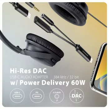 Axagon ADA-HCPD USB-C auf 3,5-mm-Klinke – Hi-Res-DAC-Audioadapter, 384 kHz/32 Bit, PD 60 W 3 A