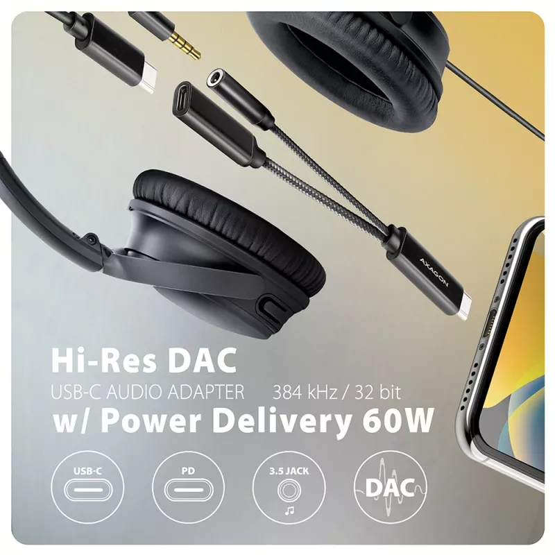 Axagon ADA-HCPD USB-C auf 3,5-mm-Klinke – Hi-Res-DAC-Audioadapter, 384 kHz/32 Bit, PD 60 W 3 A