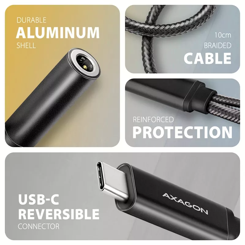 Axagon ADA-HCPD USB-C auf 3,5-mm-Klinke – Hi-Res-DAC-Audioadapter, 384 kHz/32 Bit, PD 60 W 3 A