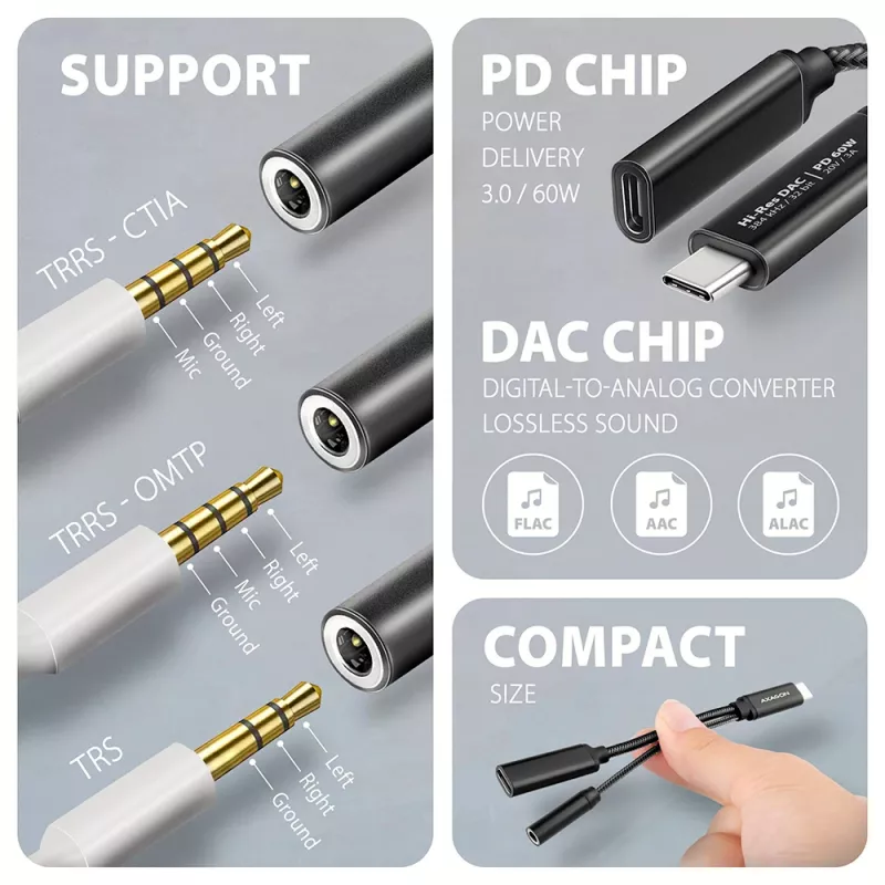 Axagon ADA-HCPD USB-C auf 3,5-mm-Klinke – Hi-Res-DAC-Audioadapter, 384 kHz/32 Bit, PD 60 W 3 A