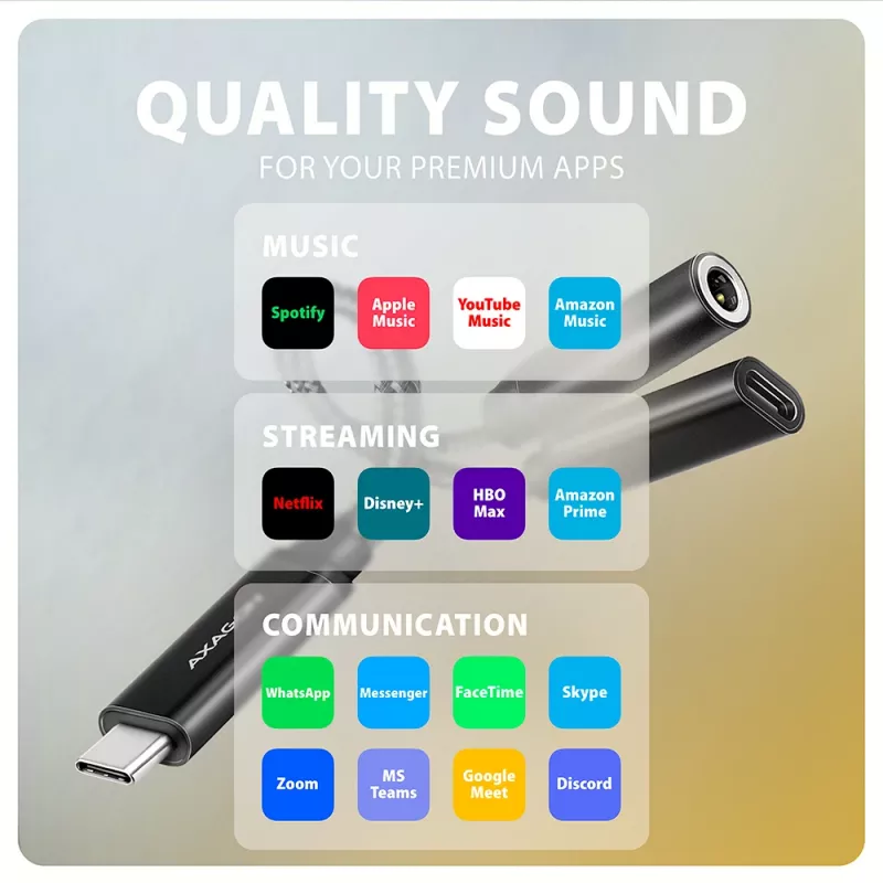 Axagon ADA-HCPD USB-C auf 3,5-mm-Klinke – Hi-Res-DAC-Audioadapter, 384 kHz/32 Bit, PD 60 W 3 A